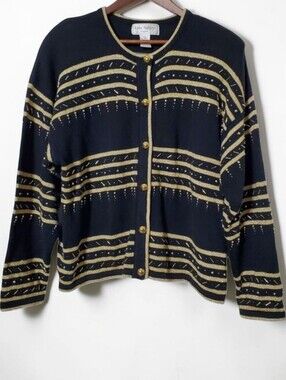 Vintage Lisa Ashley Beaded Metallic Cardigan L Black Gold Sweater Holiday Womens